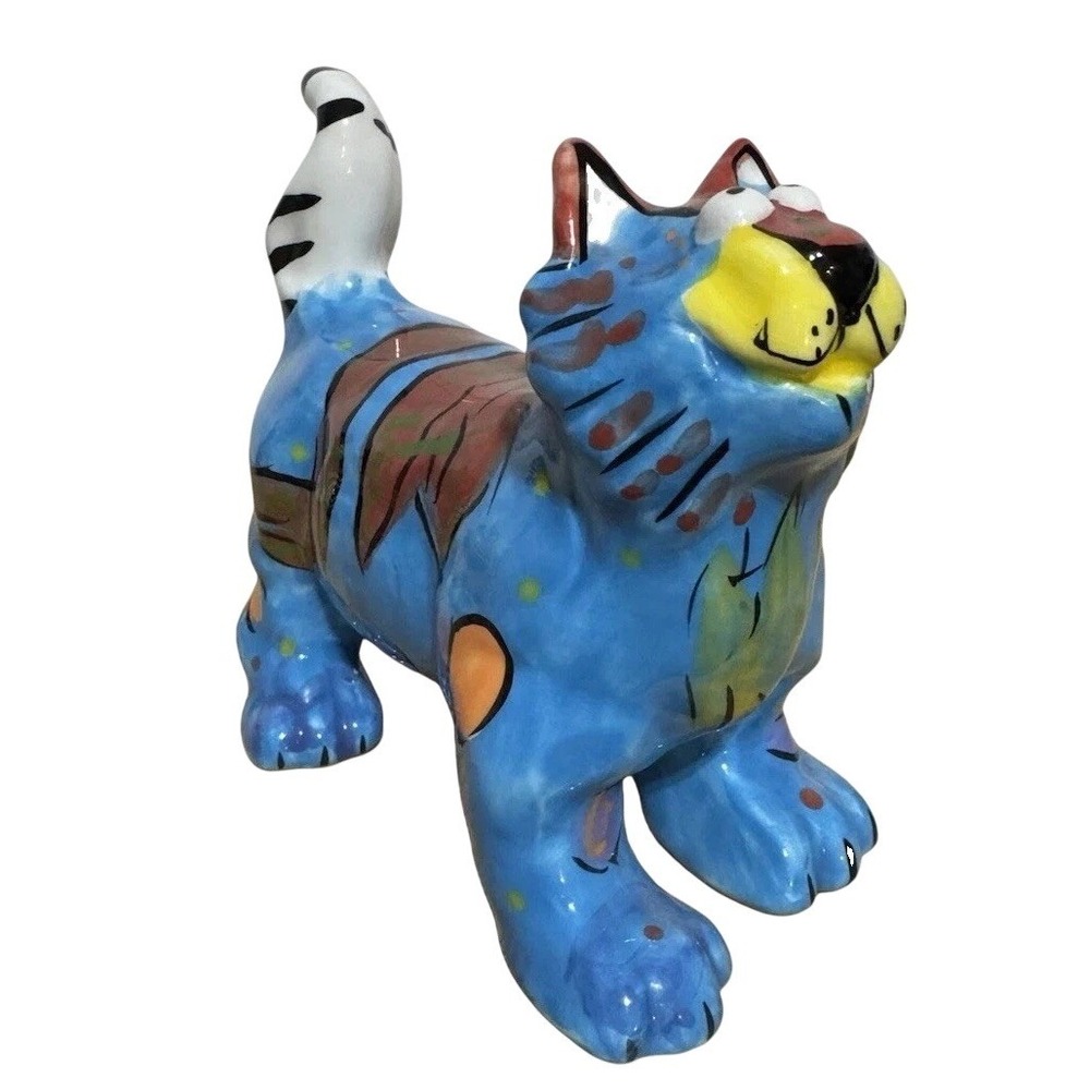 Vintage Ganz Bella Casa Ceramic Cat Figurine Dottie Dracos Artsy Blue Tiger 8"